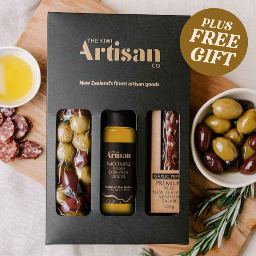 Classic Artisan Gift Pack – Manuka Smoked Olives, New Zealand Black Truffle Oil, and Wild Fiordland Venison Salami